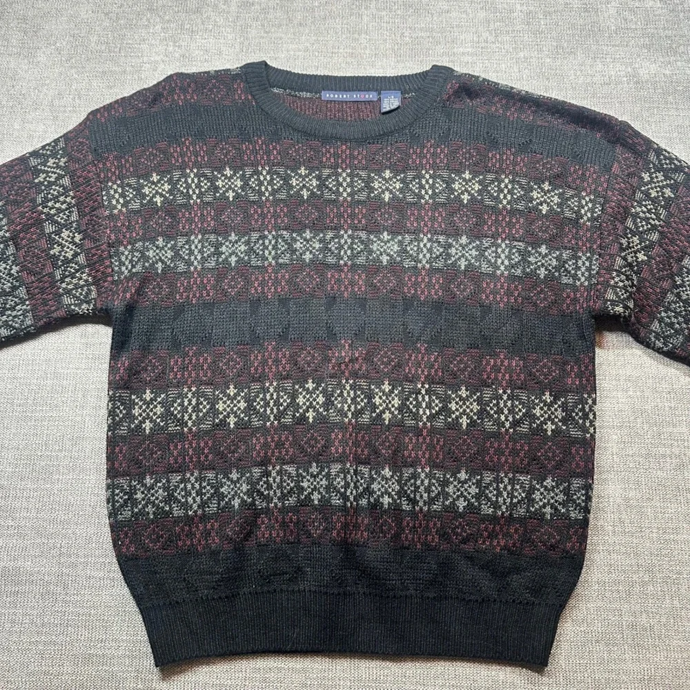 Robert Stock Sweater Mens Large Black Burgundy Fair Isle Vintage Knit